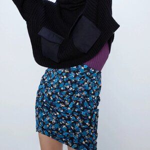 Zara Ruched Blue Floral Print Mini Skirt Womens Size XS
